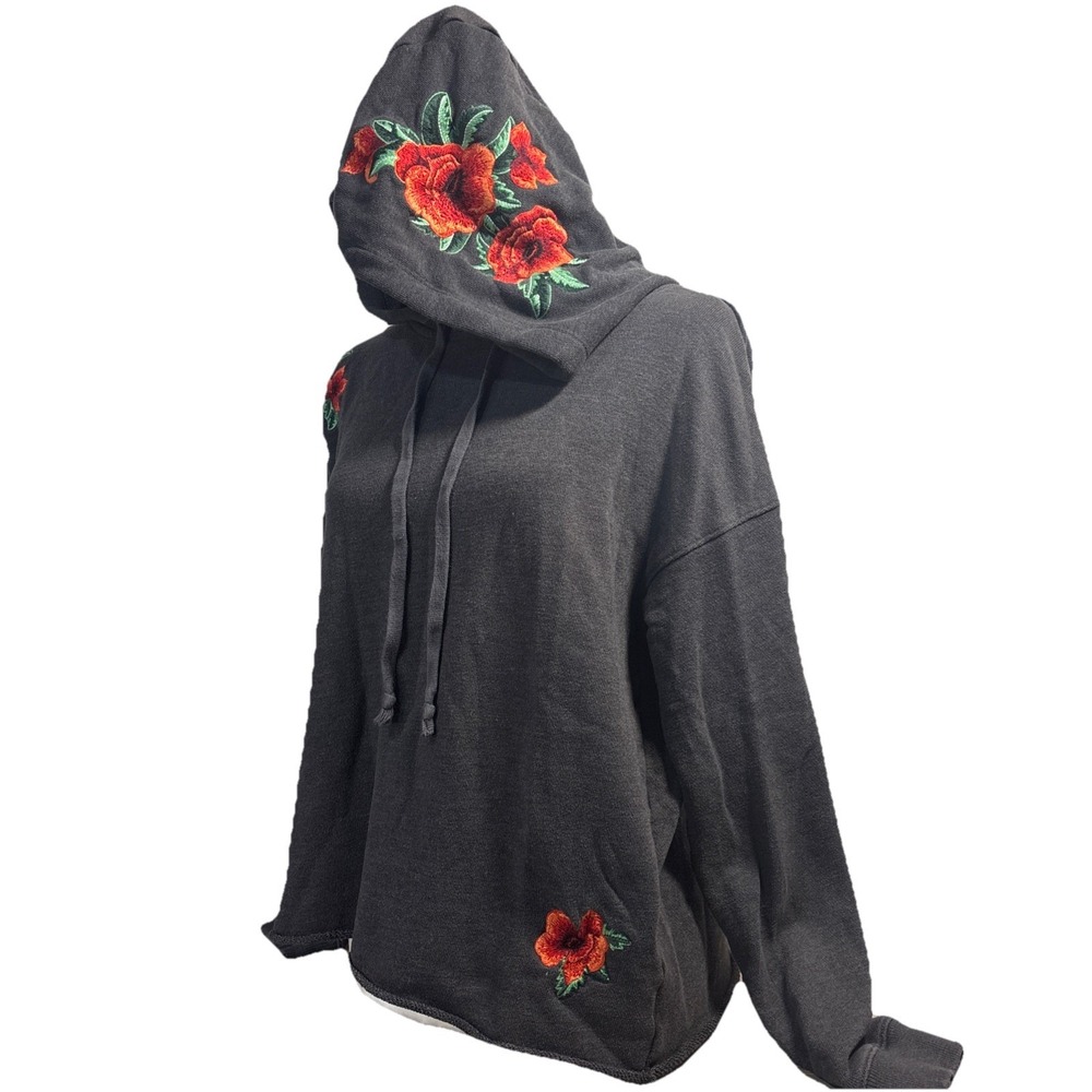 American Eagle Medium M Gray Rose Embroidered Crop Hooded Sweatshirt
